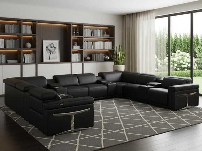 Black Italian Leather Power Reclining U Shaped Twelve Piece Sectional With Console