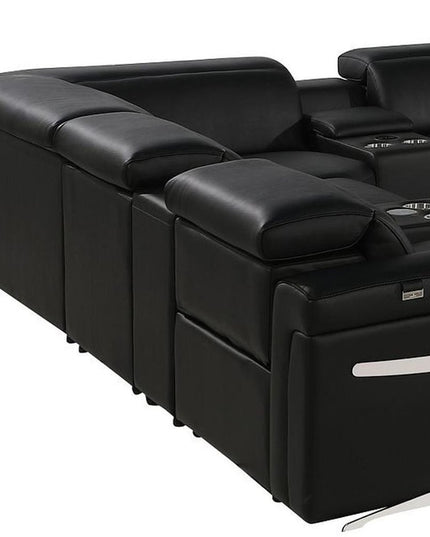 Black Italian Leather Power Reclining U Shaped Twelve Piece Sectional With Console