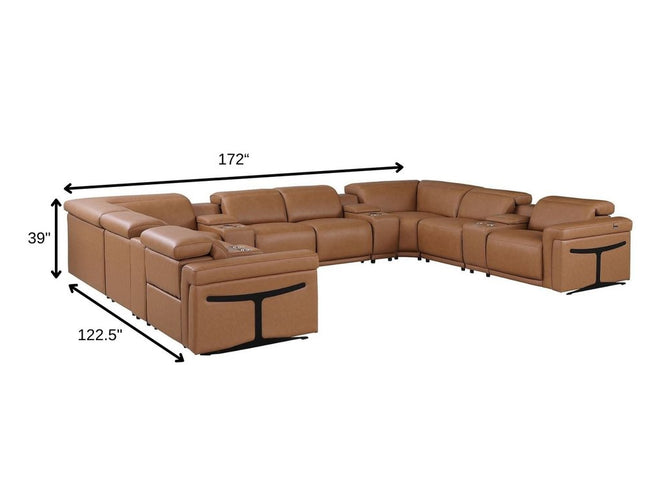Chestnut Italian Leather Power Reclining U Shaped Twelve Piece Sectional With Console
