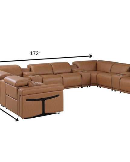 Chestnut Italian Leather Power Reclining U Shaped Twelve Piece Sectional With Console