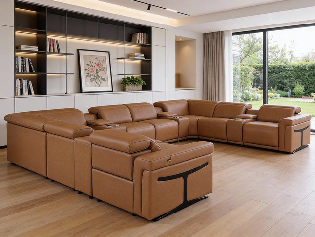 Chestnut Italian Leather Power Reclining U Shaped Twelve Piece Sectional With Console