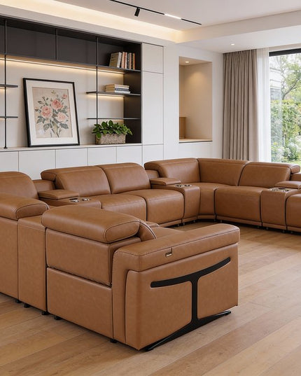 Chestnut Italian Leather Power Reclining U Shaped Twelve Piece Sectional With Console