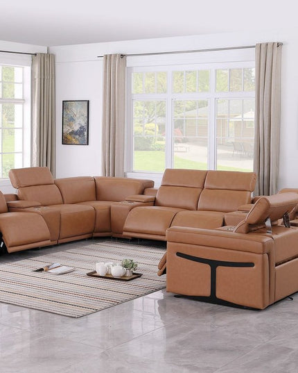 Chestnut Italian Leather Power Reclining U Shaped Twelve Piece Sectional With Console