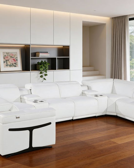 White Italian Leather Power Reclining U Shaped Eight Piece Sectional With Console