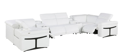 White Italian Leather Power Reclining U Shaped Eight Piece Sectional With Console