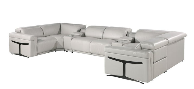 Light Gray Italian Leather Power Reclining U Shaped Eight Piece Corner Sectional With Console