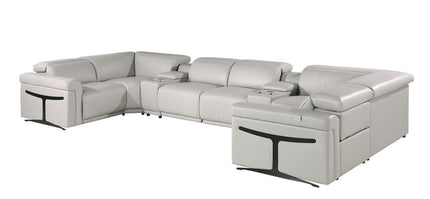 Light Gray Italian Leather Power Reclining U Shaped Eight Piece Corner Sectional With Console