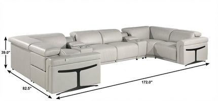 Light Gray Italian Leather Power Reclining U Shaped Eight Piece Corner Sectional With Console