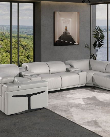 Light Gray Italian Leather Power Reclining U Shaped Eight Piece Corner Sectional With Console