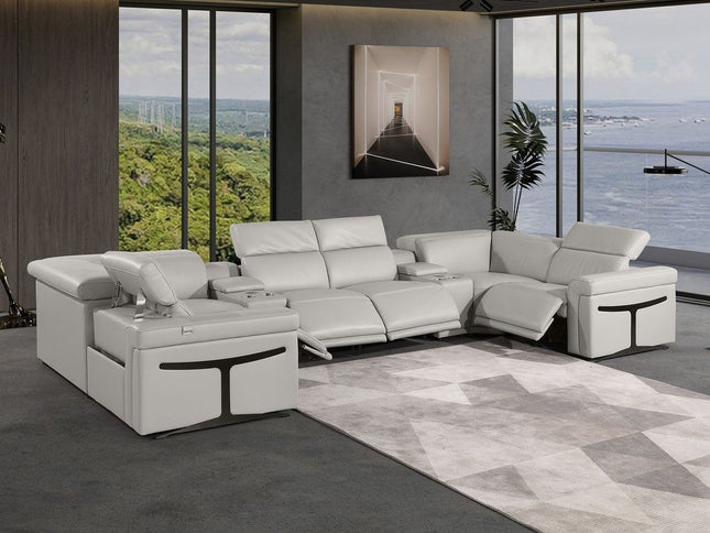 Light Gray Italian Leather Power Reclining U Shaped Eight Piece Corner Sectional With Console