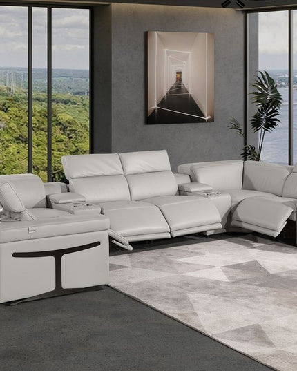 Light Gray Italian Leather Power Reclining U Shaped Eight Piece Corner Sectional With Console