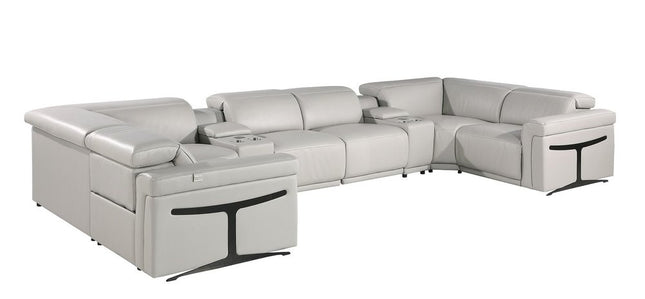 Light Gray Italian Leather Power Reclining U Shaped Eight Piece Corner Sectional With Console