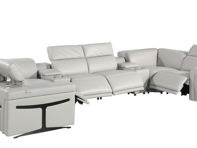 Light Gray Italian Leather Power Reclining U Shaped Eight Piece Corner Sectional With Console