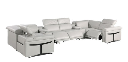 Light Gray Italian Leather Power Reclining U Shaped Eight Piece Corner Sectional With Console