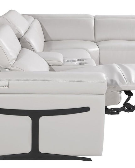 Light Gray Italian Leather Power Reclining U Shaped Eight Piece Corner Sectional With Console