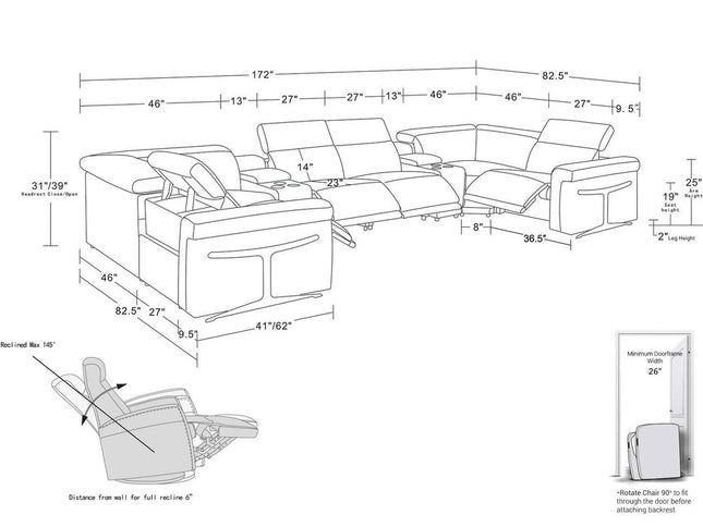 Light Gray Italian Leather Power Reclining U Shaped Eight Piece Corner Sectional With Console