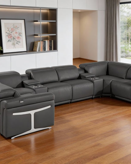Dark Gray Italian Leather Power Reclining U Shaped Eight Piece Sectional With Console