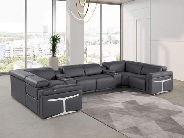 Dark Gray Italian Leather Power Reclining U Shaped Eight Piece Sectional With Console