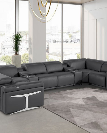 Dark Gray Italian Leather Power Reclining U Shaped Eight Piece Sectional With Console