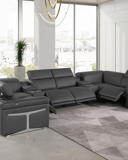 Dark Gray Italian Leather Power Reclining U Shaped Eight Piece Sectional With Console
