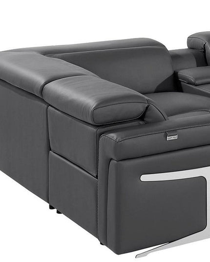 Dark Gray Italian Leather Power Reclining U Shaped Eight Piece Sectional With Console