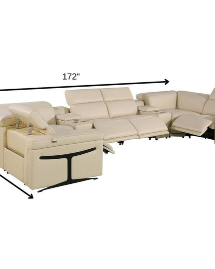 Beige Italian Leather Power Reclining U Shaped Eight Piece Sectional With Console