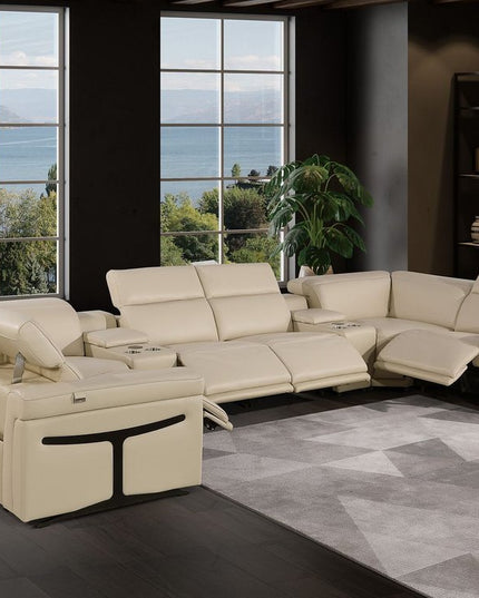 Beige Italian Leather Power Reclining U Shaped Eight Piece Sectional With Console