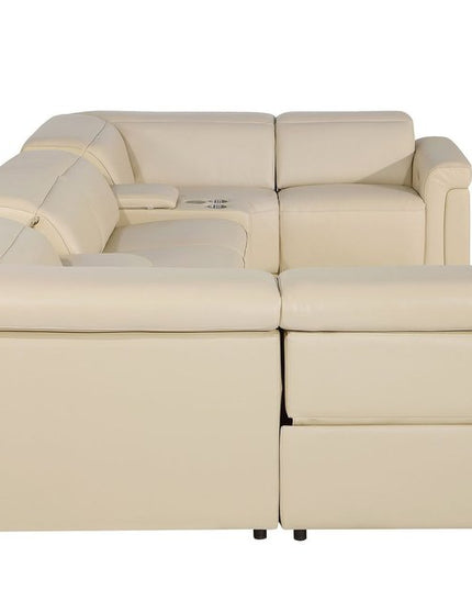 Beige Italian Leather Power Reclining U Shaped Eight Piece Sectional With Console