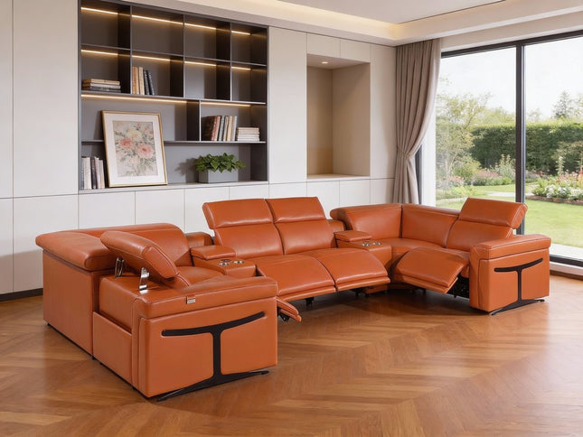 Camel Italian Leather Power Reclining U Shaped Eight Piece Sectional With Console