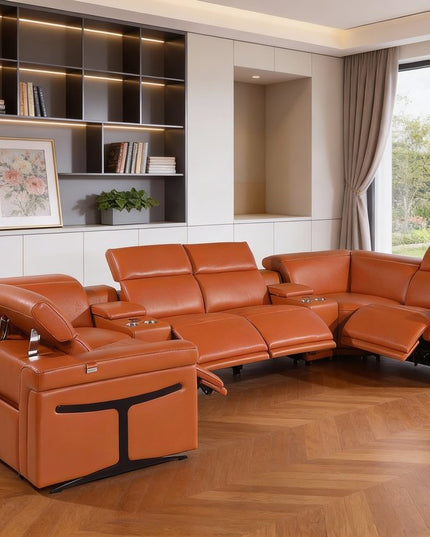 Camel Italian Leather Power Reclining U Shaped Eight Piece Sectional With Console