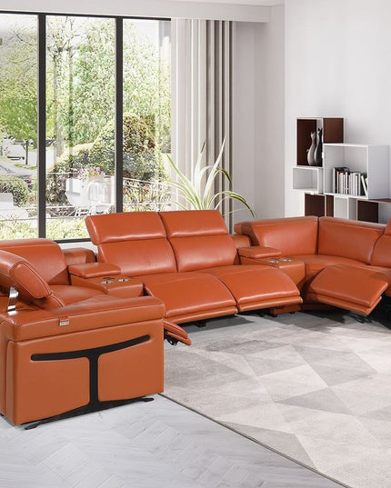 Camel Italian Leather Power Reclining U Shaped Eight Piece Sectional With Console