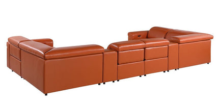 Camel Italian Leather Power Reclining U Shaped Eight Piece Sectional With Console