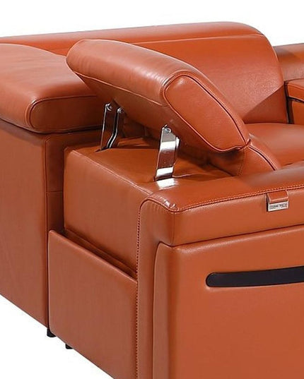 Camel Italian Leather Power Reclining U Shaped Eight Piece Sectional With Console