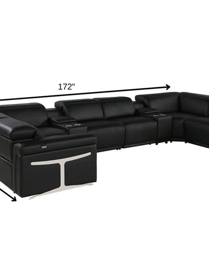 Black Italian Leather Power Reclining U Shaped Eight Piece Sectional With Console