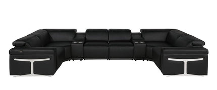 Black Italian Leather Power Reclining U Shaped Eight Piece Sectional With Console