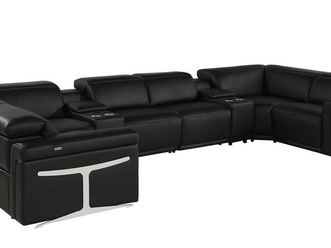 Black Italian Leather Power Reclining U Shaped Eight Piece Sectional With Console