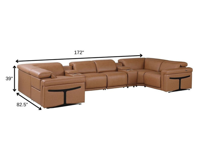 Chestnut Italian Leather Power Reclining U Shaped Eight Piece Sectional With Console