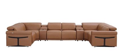 Chestnut Italian Leather Power Reclining U Shaped Eight Piece Sectional With Console