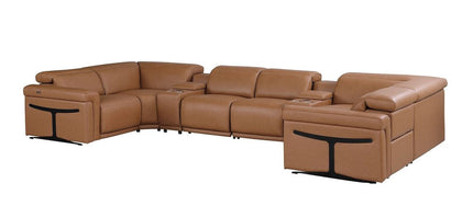 Chestnut Italian Leather Power Reclining U Shaped Eight Piece Sectional With Console