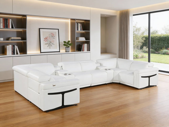White Italian Leather Power Reclining U Shaped Eight Piece Corner Sectional With Console