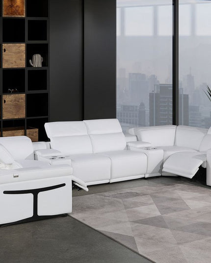 White Italian Leather Power Reclining U Shaped Eight Piece Corner Sectional With Console