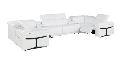 White Italian Leather Power Reclining U Shaped Eight Piece Corner Sectional With Console