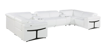 White Italian Leather Power Reclining U Shaped Eight Piece Corner Sectional With Console