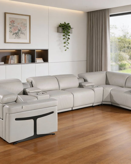 Light Gray Italian Leather Power Reclining U Shaped Eight Piece Corner Sectional With Console