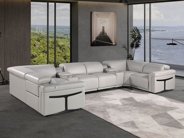 Light Gray Italian Leather Power Reclining U Shaped Eight Piece Corner Sectional With Console