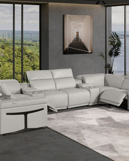 Light Gray Italian Leather Power Reclining U Shaped Eight Piece Corner Sectional With Console
