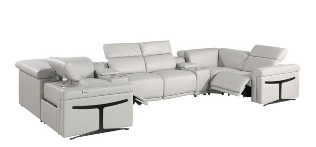 Light Gray Italian Leather Power Reclining U Shaped Eight Piece Corner Sectional With Console