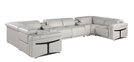 Light Gray Italian Leather Power Reclining U Shaped Eight Piece Corner Sectional With Console