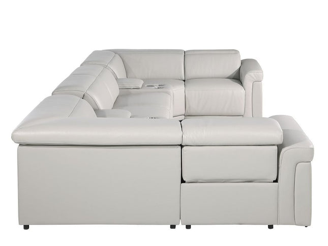 Light Gray Italian Leather Power Reclining U Shaped Eight Piece Corner Sectional With Console