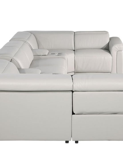 Light Gray Italian Leather Power Reclining U Shaped Eight Piece Corner Sectional With Console